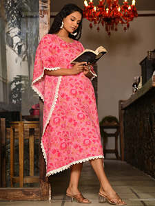 Robe kaftan rose imprimée 100% coton pour femmes, vêtements de plage décontractés - Product Image 4