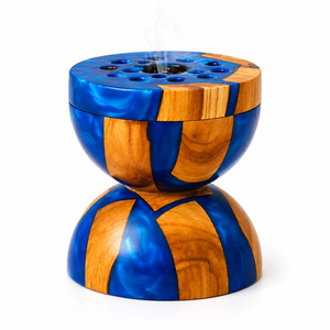 Quemador de Incienso de Madera Hecho a Mano con Incrustaciones de Resina Azul, Difusor Aromático de Sándalo, Uso en Todas las Estaciones, Quemador de Bakhoor para Ramadán - Product Image 1