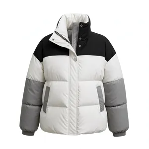 Blouson d'hiver décontracté unisexe en duvet coupe-vent à col montant, tissé, color block, avec fermeture éclair sur le devant - Product Image 1