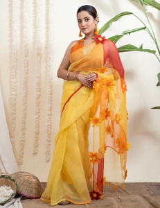 KV Women's Surajmukhi Yellow Organza Silk <b>Saree</b> Without Blouse - Product Image 6