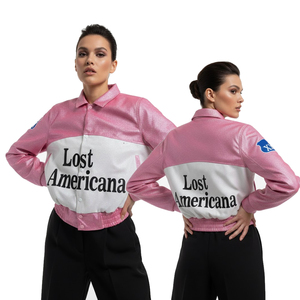 Lost Americana Bomber <b>Jacket</b> Sheep Skin Pink White Letter Print Turn Down Collar Full Sleeve Women's <b>Jacket</b> - Product Image 1