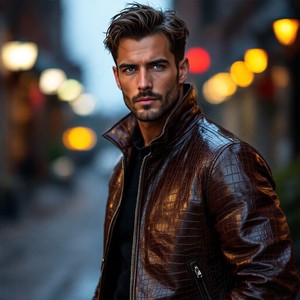 Veste de moto en cuir texturé crocodile marron pour homme, taille plus, col montant, fermeture éclair, veste de motard - Product Image 1