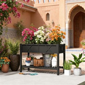 Fioriera Rialzata Nera in Legno per Giardino e Contenitore per Attrezzi da Giardinaggio - Product Image 1