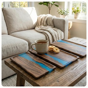 ถาดไม้และเรซิ่นสีน้ำเงินสำหรับจัดแสดง ของขวัญ และจัดแสดงในร้านกาแฟ เบเกอรี่ เค้ก ขนมอบ และคุกกี้ ขายส่งจากอินเดีย - Product Image 4