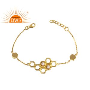 <b>White</b> Pearls Gemstone <b>Bracelet</b> Set <b>Gold</b> Plated 925 Silver Honeycomb Designer Chin <b>Bracelet</b> Jewelry Wholesaler - Product Image 3