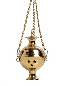 Brûleur d'encens chrétien artisanal en métal, croix sur le dessus, pour église, mariage, décoration de table, brûleur d'encens fait main, couleur or - Product Image 5