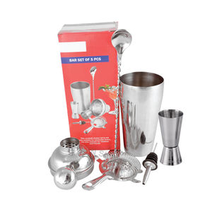 Ensemble de shaker à cocktails en acier inoxydable 5 pièces, avec double jigger, passoire, cuillère et mélangeur pour bar - Product Image 1