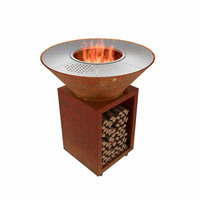 Barbecue extérieur moderne en acier Corten avec foyer, grande plancha, rangement pour bois et télécommande - Usage commercial pour jardin et cour arrière