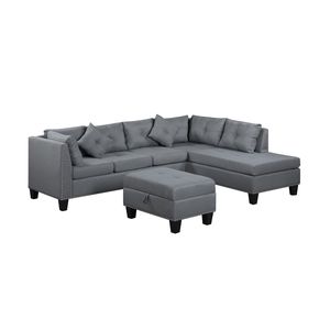 Divano imbottito grigio da 265,5 cm con chaise longue e pouf per soggiorno - Product Image 6