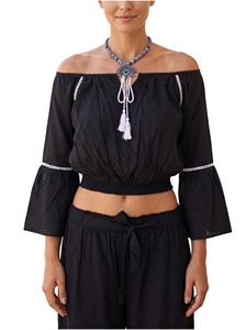 Blusa de Rayón para Mujer con Cuello Redondo, Manga Campana, Lazo Delantero, Corte Regular, Estilo Corto, Casual Vintage para Primavera, Verano y Otoño - Product Image 3
