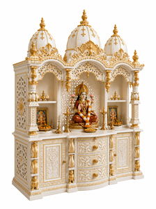 Mandir Devocional de Madera para la Oración Hindú, Templo de Lujo Blanco y Dorado, Sala de Pooja, Mandir para el Hogar, Mandir Hindú Indio Hecho a Mano en EE. UU. - Product Image 3