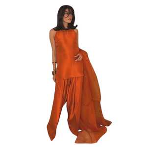 Ensemble de robe de soirée élégante en soie orange, longueur genou, pour femmes indiennes et pakistanaises, coupe ample, extensible, à porter toute l'année, motifs ethniques - Product Image 1