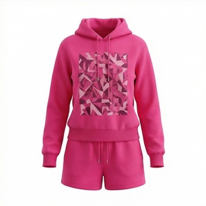 Ensemble short 2 pièces rose à capuche pour femme, imprimé géométrique, en polaire, décontracté, coupe ample, au-dessus du genou, imprimé numérique, printemps-été - Product Image 1
