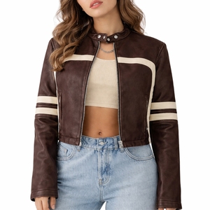 Chaqueta Corta de Cuero Marrón para Mujer con Diseño de Rayas Blancas, Abrigo Casual de PU Suave, Estilo Biker, Ajuste Delgado, Cierre de Cremallera - Product Image 1