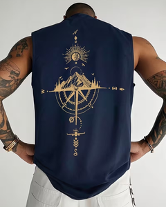 Men's Summer Navy Sleeveless Tank Top Compass Mountain Print O-Neck Cotton Casual Breathable Knitted Back Design Sports Gym - Product Image 3