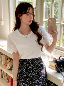 Customized Trim Eyelet Lace Sleeve Crewneck Tee Custom Logo Chic <b>Tops</b> Elegant Clothing Apparel Preppy Women's Shirts Summer - Product Image 5