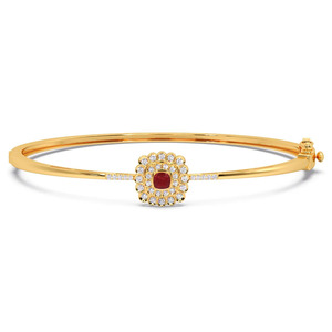 Crimson Cushion Halo Diamond Bangle with Yellow Gold Slim <b>Frame</b> and Radiant Double Row Center Design - Product Image 2