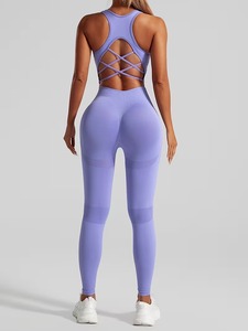 Womens Gym Gear 2 Pcs Yoga Suit <b>Open</b> Back Geometric Strappy <b>Bra</b> and Ribbed Waistband Performance Leggings Sportswear Set - Product Image 6