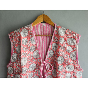 Women's Handmade <b>Floral</b> Quilted Cotton <b>Waistcoat</b> Open Front V-neck Short Jacket Streetwear Outerwear gift for her - Product Image 4