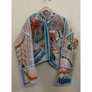 Vestes courtes brodées à la main avec motifs floraux Kantha, col mandarin, manches trois quarts, veste courte pour femmes, vêtements de printemps - Product Image 4