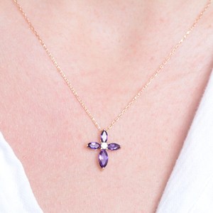 Collier en améthyste violette, forme poire, croix religieuse en améthyste, certifié véritable, argent 925 plaqué or 14 carats - Product Image 5