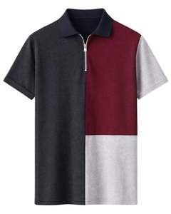 เสื้อโปโลผู้ชายแบบครึ่งซิปสั่งทำจากโรงงาน สีดำชาร์โคล สีแดงเลือดหมู และสีเทาอ่อน แบบคัลเลอร์บล็อก แขนสั้น ผ้าถักลำลอง รับผลิตแบบ OEM - Product Image 1