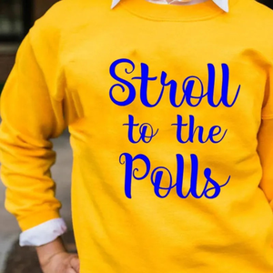 Sweat-shirt jaune à col rond avec imprimé graphique « Stroll to the Polls » bleu, à manches longues, pull décontracté style universitaire - Product Image 5