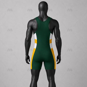 Singlet de Lucha Personalizado para Hombre, Sublimado, con Bloques de Color Verde, Amarillo y Blanco, Ajustado, Elástico, de Spandex/Poliéster, para Artes Marciales - Product Image 4