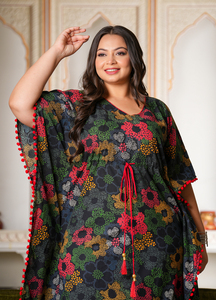 Wholesale Plus Size Cambric Cotton Geometrical Printed <b>Kaftan</b> Kimono Sleeve V Neck Women Multi Color Loungewear - Product Image 6