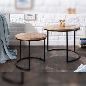 Vandana Modern Core Set of 2 Bedroom <b>Side</b> <b>Tables</b> Elements 60cm Solid Mango <b>Wood</b> Round <b>Black</b> Metal Frame for Dining - Product Image 1