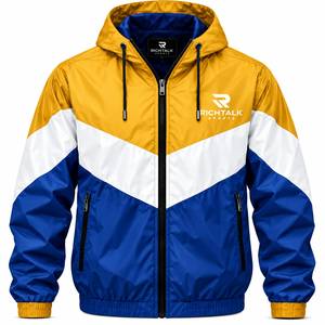 Blouson bomber à capuche pour homme, coupe-vent, color block, fermeture éclair frontale, rouge, blanc, bleu, style sportif automne - Product Image 6