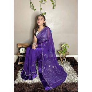FANTAISIE VISCOSE GEORGETTE SÉQUENCE TRAVAIL SAREE AVEC BLOUSE PRÊT À PORTER VIOLET - Product Image 1