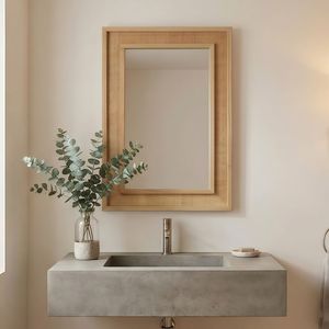 Specchio Decorativo Rettangolare 20"x30" con Cornice in Legno Massello e Rattan, Colore Legno Naturale, per Bagno, Casa, Ingresso, Stile Rustico - Product Image 2
