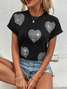 Women Casual Crew Neck Half Sleeve Anti Wrinkle Breathable Eco Friendly Polyester Cotton Spring Summer Solid Rhinestone T Shirt - Product Image 5