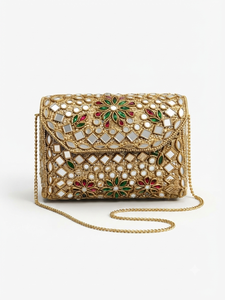 Luxury Round Ethnic Wedding Bridal Gold Metal Handcrafted <b>Pearl</b> and Stone Studded Women Party <b>Clutch</b> Purse - Product Image 2