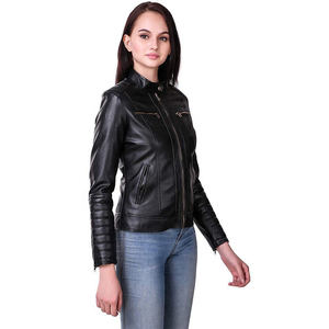Veste de moto en cuir de vache véritable pour femme, coupe-vent, manches longues, col montant, fermeture éclair, couleur unie, coupe classique pour l'hiver - Product Image 1