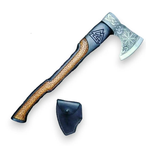Hacha Vikinga Hecha a Mano de Acero al Carbono con Mango de Madera de Fresno Grabado y Funda de Cuero para Partir Leña y Caza/Camping - Product Image 6