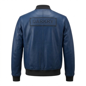 Navy Blue Real Cowhide Leather Bomber Jacket For Mens Custom Logo Patch Quilted Lined Zip Pocket Flight Outerwear Supplier <b>Maker</b> - Product Image 2