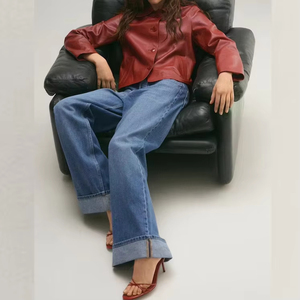 High Waisted Wide Leg Denim Jeans for Women Stonewashed Cotton Casual Pants with Cuffed Hem Loose Fit Full Length Autumn Style - Product Image 4