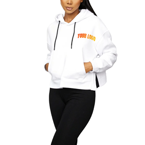 Sudadera con capucha OEM de estilo urbano con hombros caídos, blanca, de felpa, de manga larga, tipo crop top con cremallera para mujer - Product Image 2