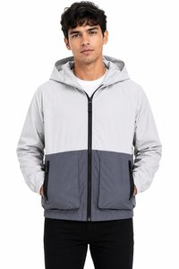 <b>Men's</b> Lightweight Puffer Hooded Windbreaker <b>Jacket</b> Two-Tone <b>White</b>/Grey Color Block Full-Zip Outdoor Adjustable Hood - Product Image 1