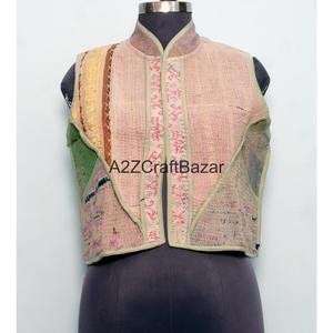 Handmade 100% Pure Cotton Kantha Women's <b>Quilted</b> Breathable Printed Non Woven Floral <b>Pattern</b> Spring/Autumn <b>Jacket</b> Logo Button - Product Image 1