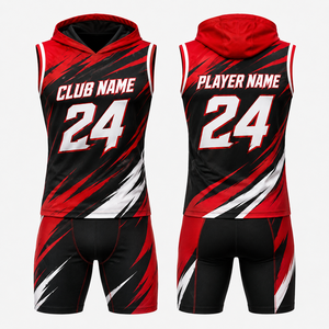 Ensemble de maillots de basket-ball personnalisés par sublimation, rouge, noir, blanc, 24, respirants, uniformes à capuche pour hommes adultes - Product Image 1