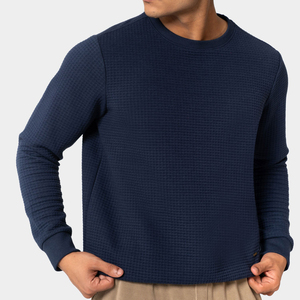 Mens <b>Navy</b> Blue Crew Neck <b>Sweatshirt</b> Textured Knitted Cotton Pullover Regular Fit Long Sleeve Solid Color Casual Autumn Winter - Product Image 1