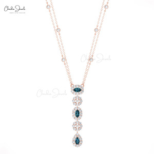 Collar de Topacio Azul Londres Natural de 5x3mm con Cierre de Resorte y Halo de Diamantes en Oro Sólido de 14k, Envío Gratis, Joyería - Product Image 2