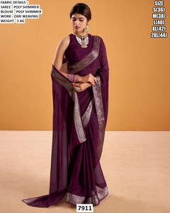 Sari traditionnel brodé en poly scintillant bleu saphir, idéal pour les fêtes de Diwali, anti-humidité et infroissable - Product Image 3