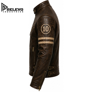 Premium Quality Brown <b>Leather</b> Biker <b>Jacket</b> for <b>Men</b>, Classic Café Racer Outerwear with Chest Emblem and Side Adjusting Buckle - Product Image 3