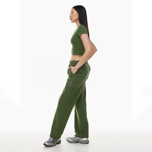 Pantalon cargo vert olive pour femme, taille mi-haute, coupe ample, longueur intégrale, en polaire, décontracté, automne, avec poches, taille élastique - Product Image 6