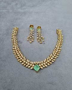 Leaf Pattern Delicate Necklace <b>Set</b> With Matching Earrings Princess Cut Stone <b>Jewellery</b> <b>Set</b> Gold Plated Party Wear <b>Jewellery</b> <b>Sets</b> - Product Image 2