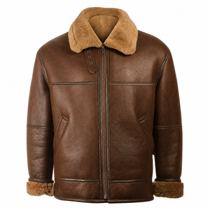 Men's Brown Coated Genuine Leather <b>Jacket</b> with Fur Lining Stand Collar Zipper Closure Eco-Friendly Moto Biker Style Winter Wear - Product Image 3